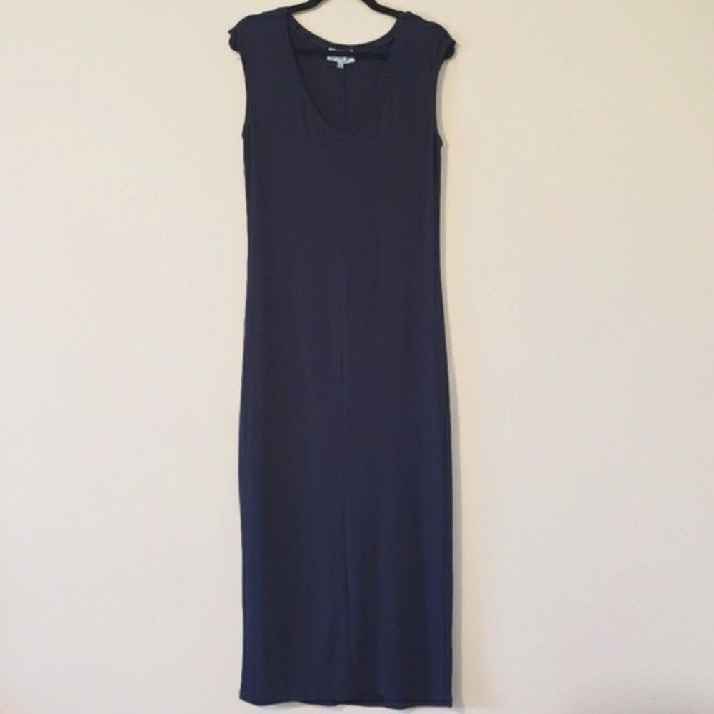 Joan Vass Navy Midi Dress Cap Sleeeve Stretch Jersey Knit Medium